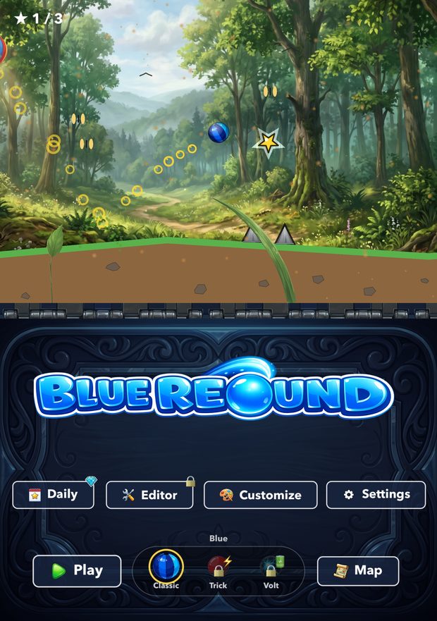 iPhone Duo half-folded: the Blue Rebound logo on top, the title menu on the flat half