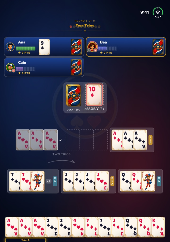 Carioca Chile on a half-folded iPhone Duo: opponents and deck on the upright half, melds and hand on the flat half