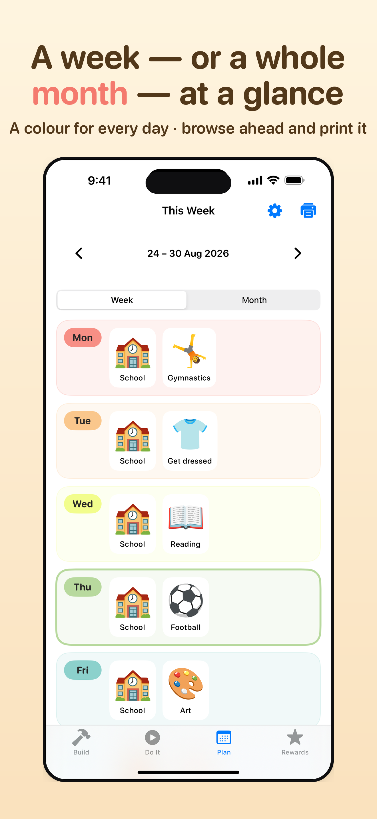 Charty's colour-coded plan, with a picture card for each activity and arrows to page through the weeks