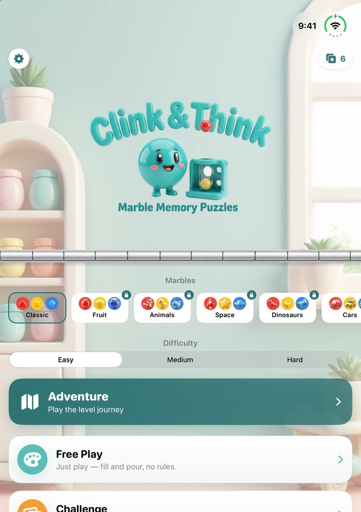 Home half-folded: the logo stands up, the marbles, difficulty and modes lie flat