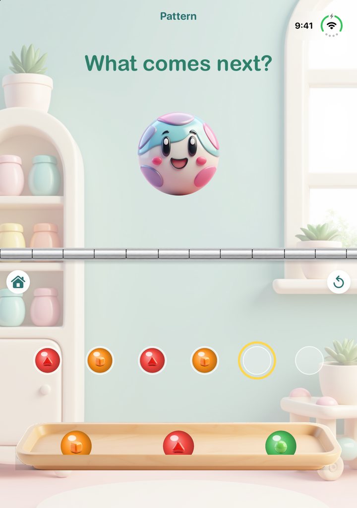 Pattern half-folded: the mascot asks what comes next, the bead string and tray lie flat