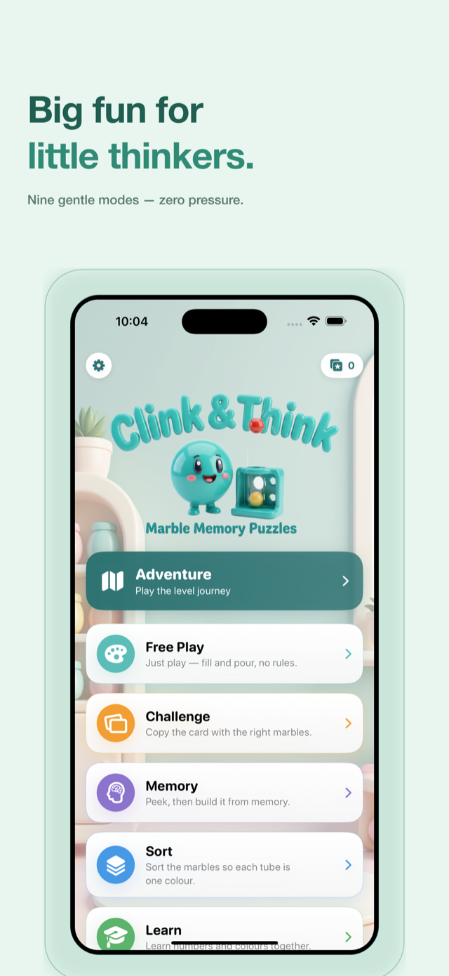 Clink & Think home screen with nine play modes