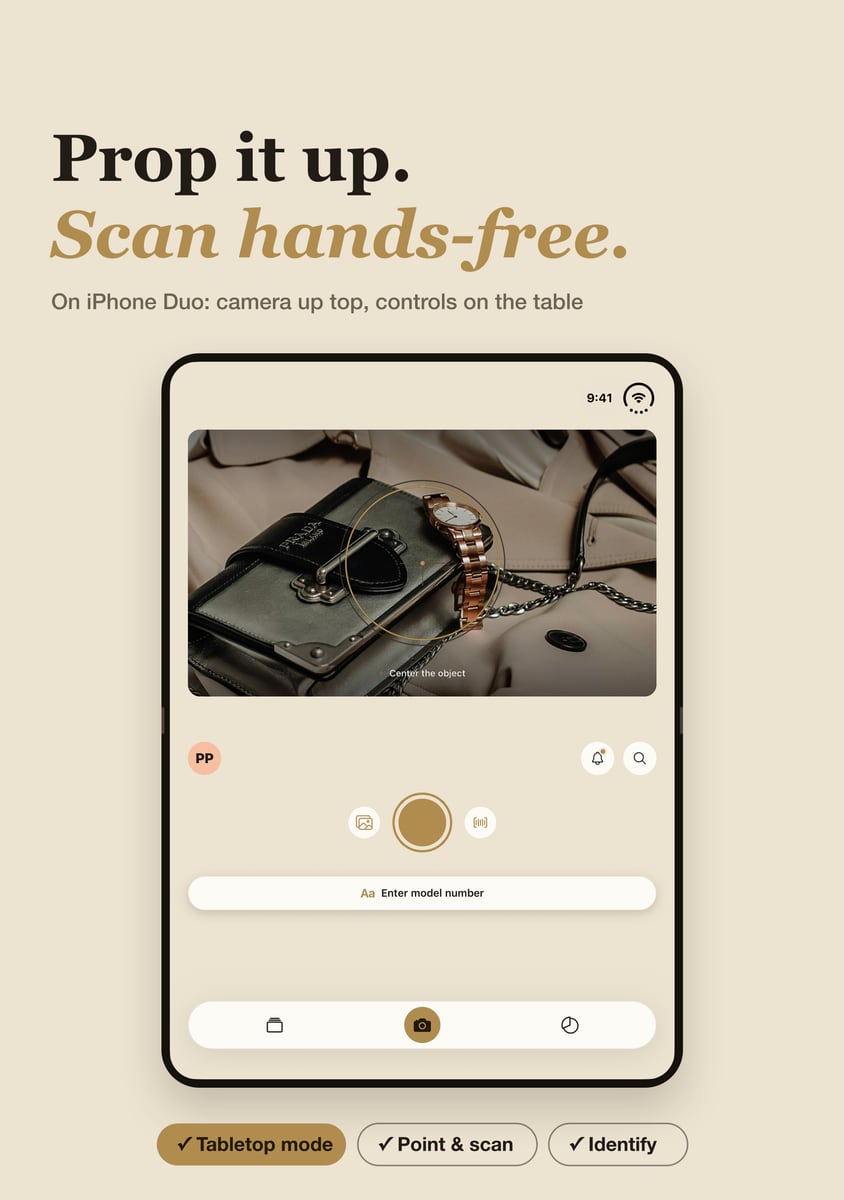 iPhone Duo tabletop: camera on the upright half, shutter and controls on the flat half