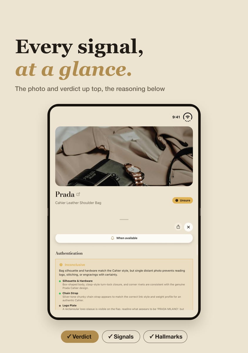 iPhone Duo tabletop: item photo and verdict up top, the authentication signals below