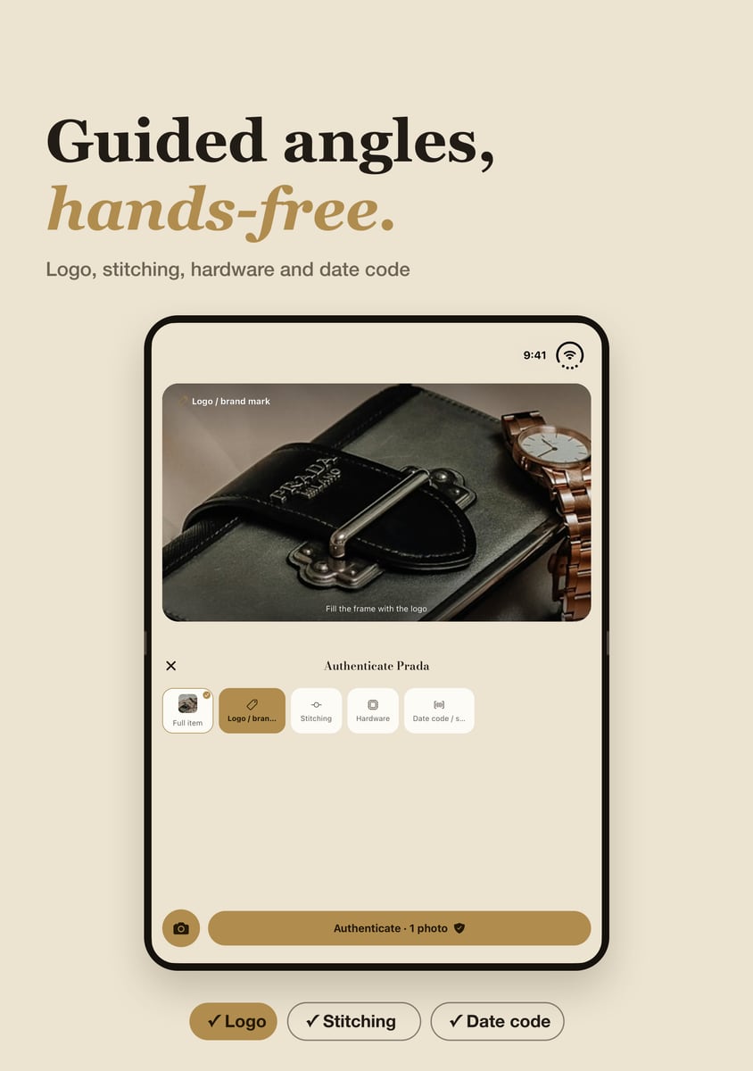 iPhone Duo tabletop: guided authentication capture with angle slots on the flat half