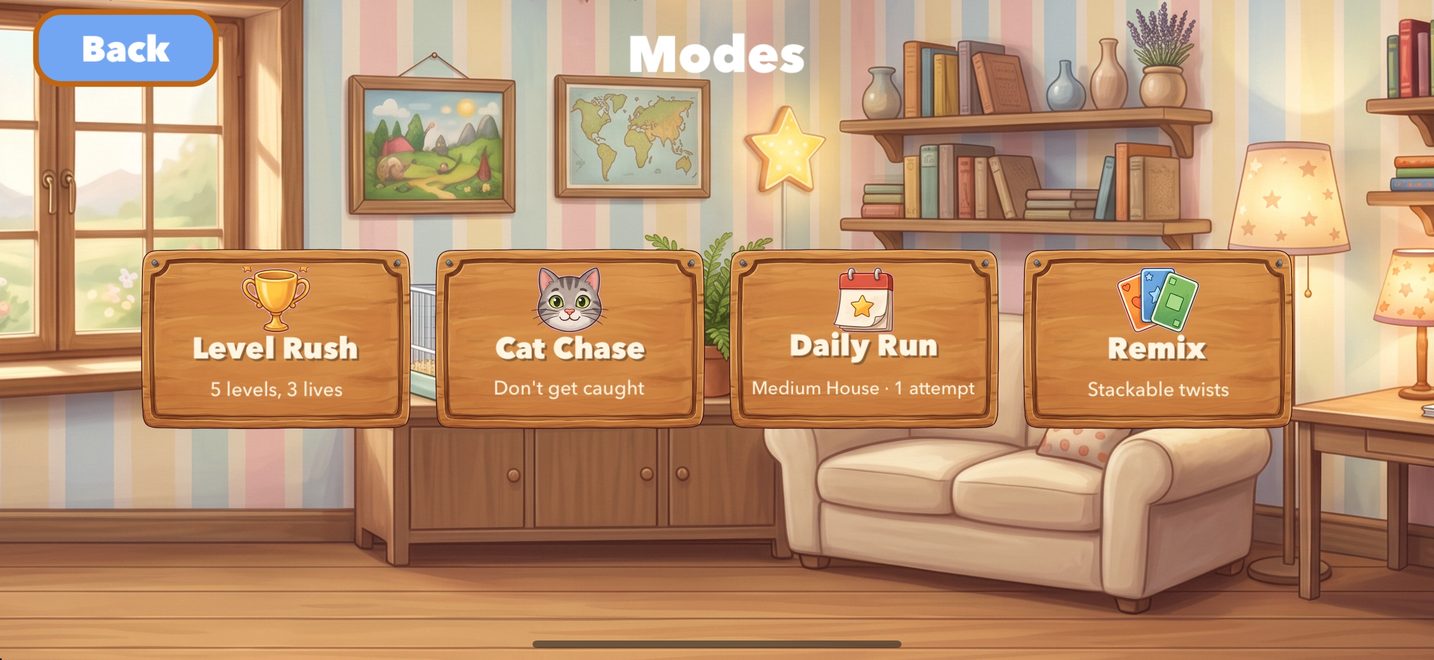 The Modes screen: Level Rush, Cat Chase, Daily Run, Remix