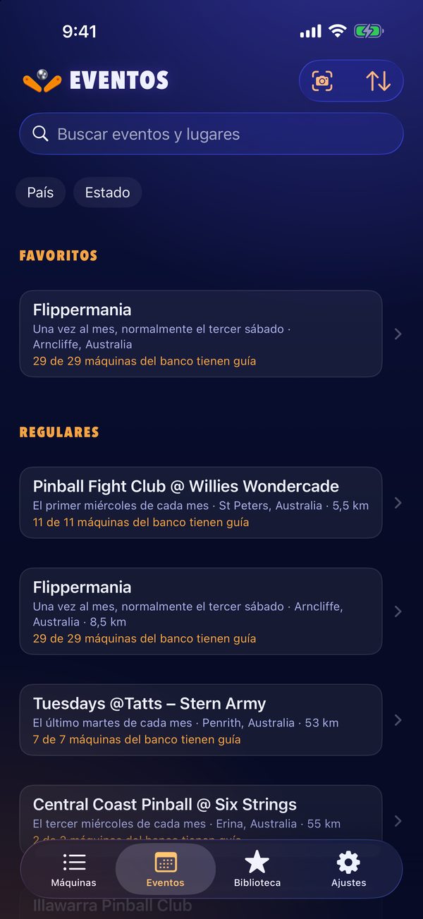 La pestaña Eventos ordenada por cercanía, con un evento favorito arriba.