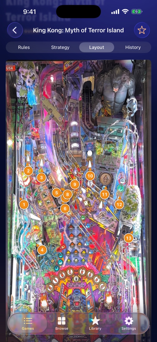 King Kong's playfield photo with every shot pinned and numbered.