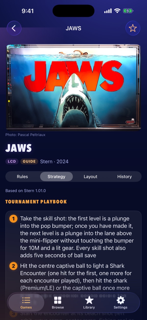 JAWS opens on its Tournament Playbook, under the owner's photo of the backglass.