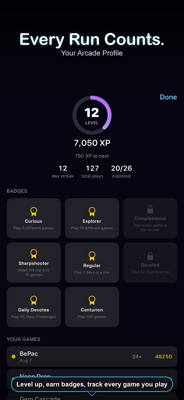Your Arcade Profile — level, XP and badges