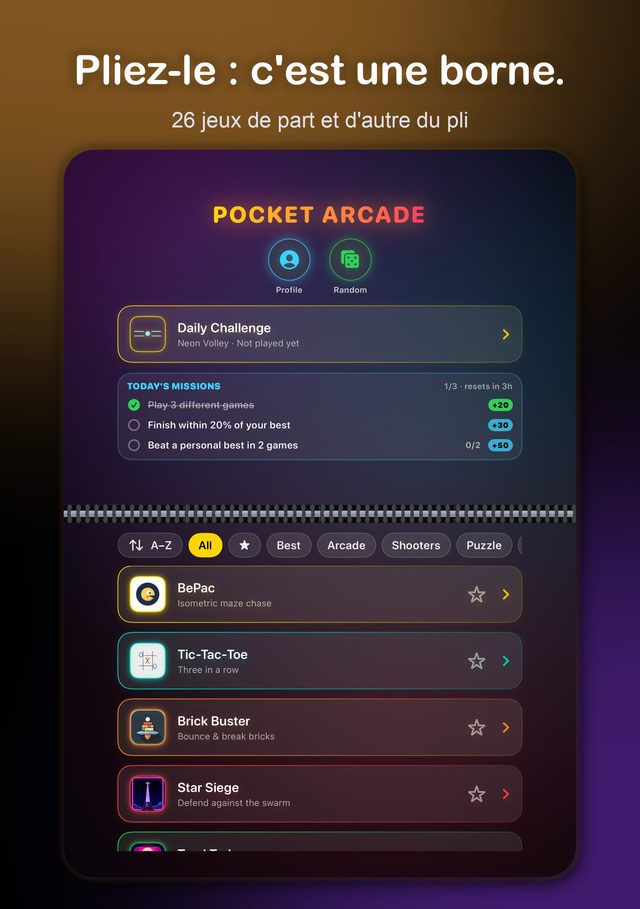 Pocket Arcade à moitié plié sur iPhone Duo — le hub