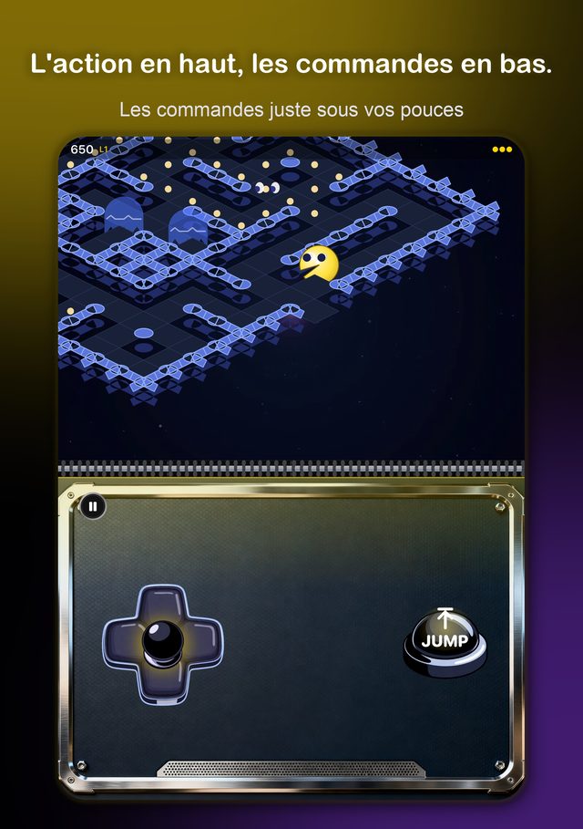 BePac sur iPhone Duo — le jeu en haut, les commandes en bas