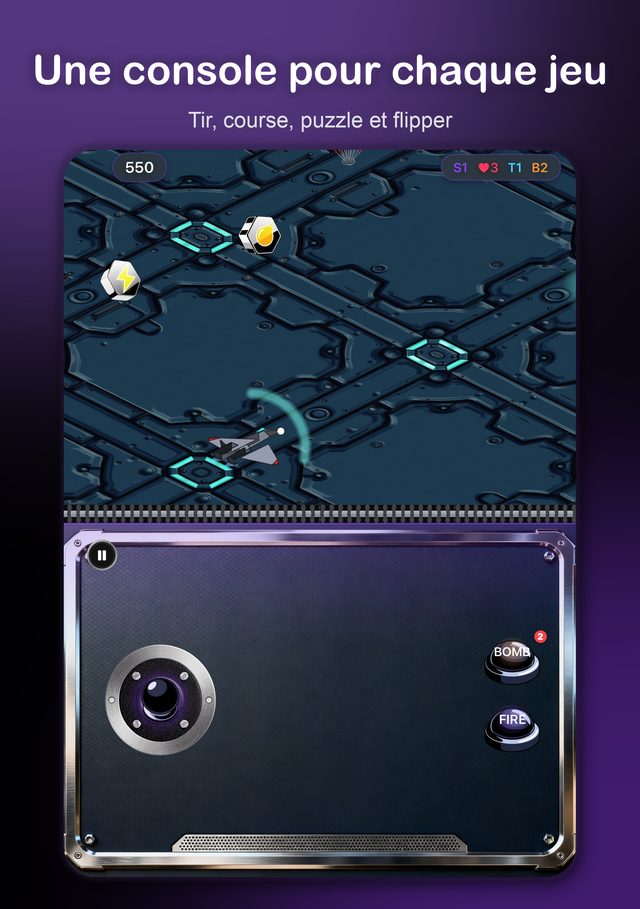 Neon Vantage sur iPhone Duo — joystick et boutons sur le pupitre