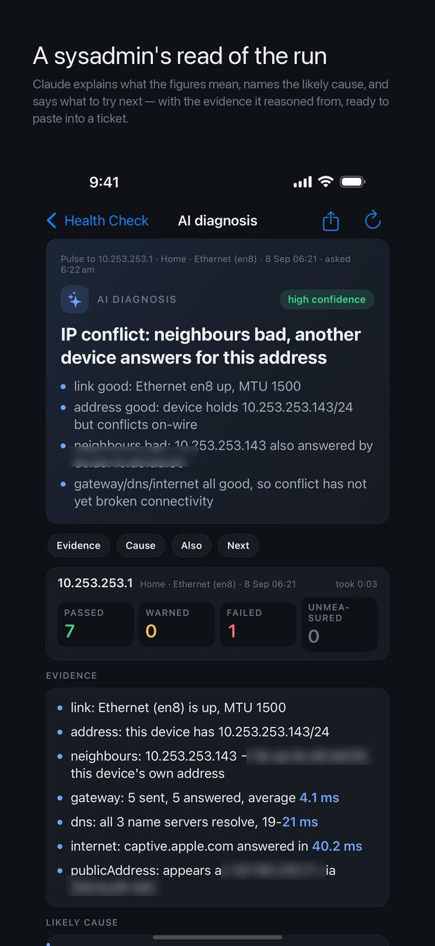 An AI diagnosis naming an IP conflict, with the evidence it reasoned from