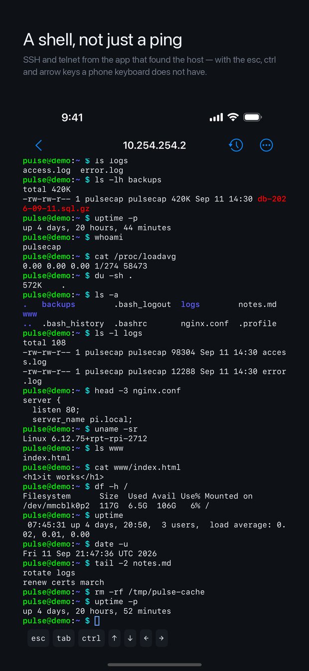 An SSH session in Pulse's terminal, with the key row above the keyboard