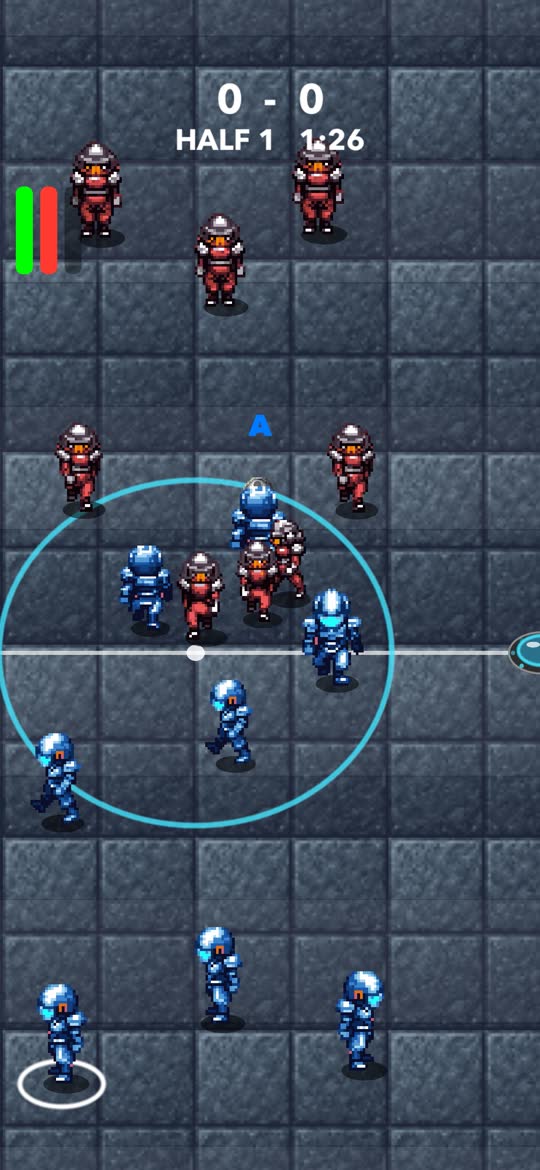 Nine cyborgs converging on the ball mid-match