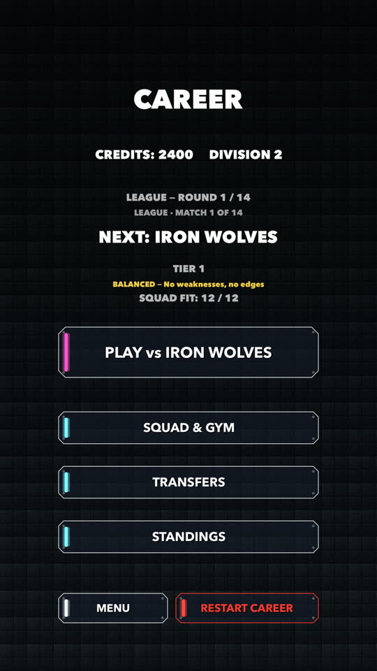 The career hub showing credits, division and next fixture