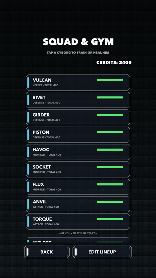 Squad and gym screen with the full twelve-cyborg roster